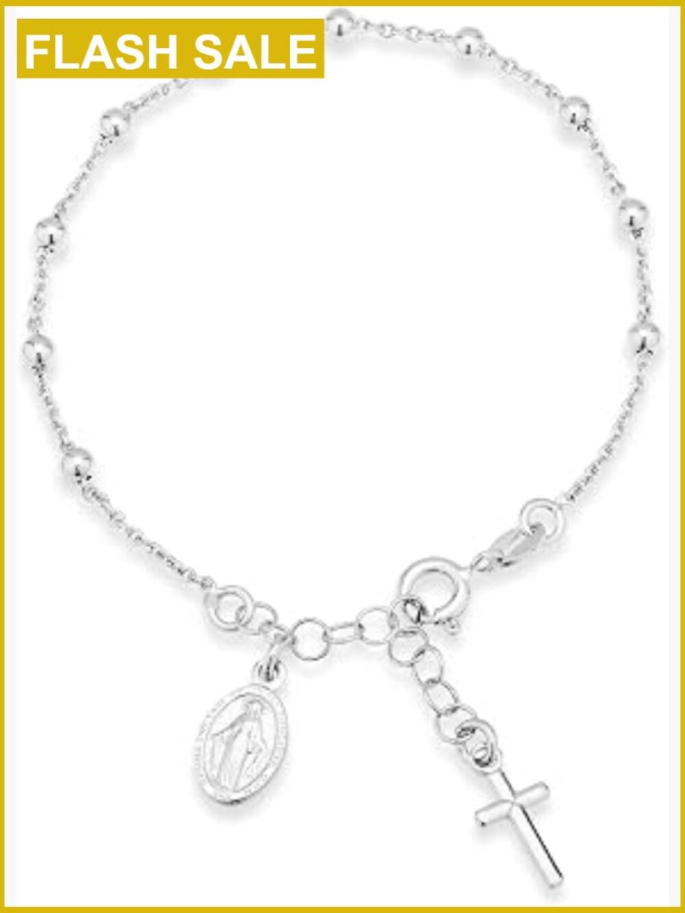 Italian 925 Sterling Silver Rosary Bead Bracelet Adjustable Cross Charm